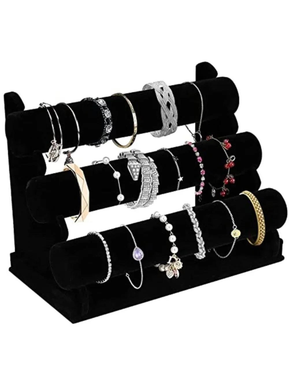 Velvet Bracelet Holder with 3 Tier Rack, Black Detachable Jewelry Display Stand